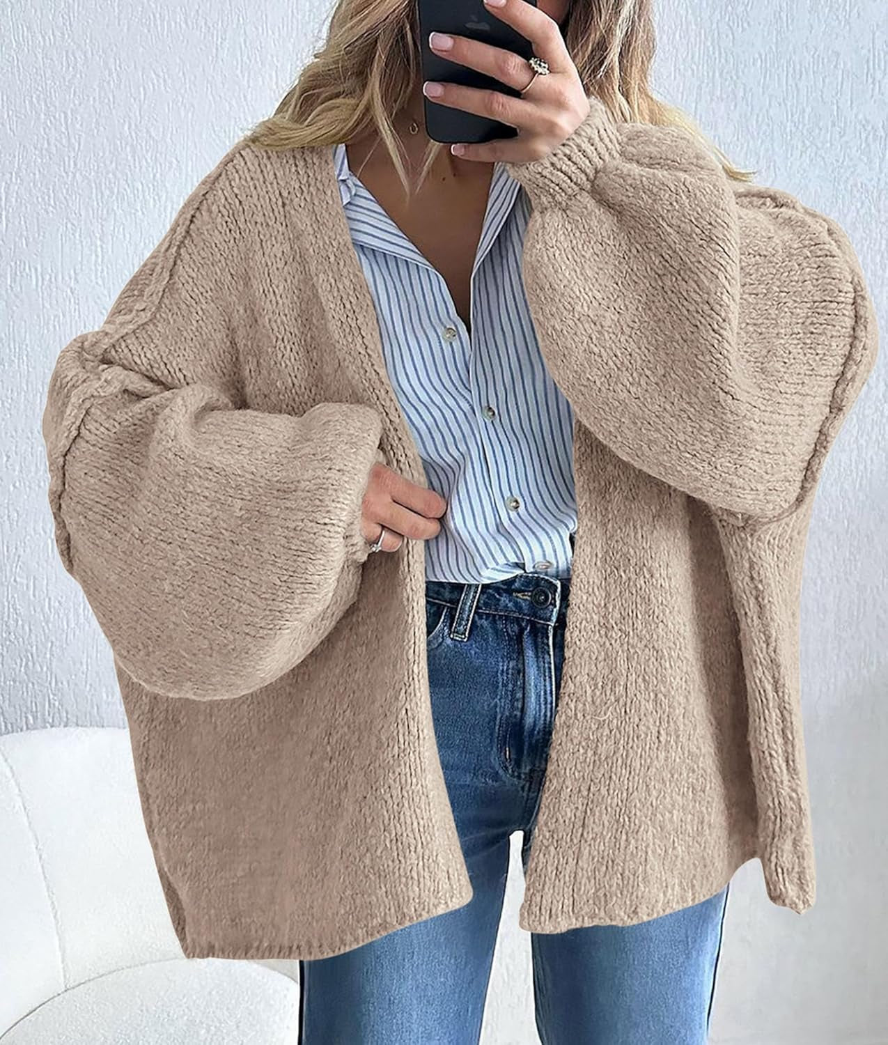 Womens Oversized Cardigan Sweaters 2025 Fall Long Lantern Sleeve Knit Open Front Lightweight Sweater