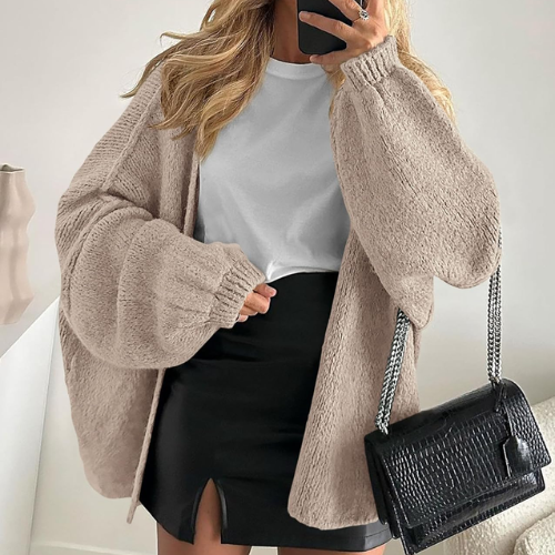Plus Size Knitwear Cozy Women'S Oversized Cardigan Sweater with Lantern Sleeves Solid Color Knitted Open Front for Fall